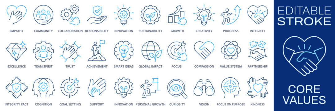 Core value icons, such as trust, handshake, goal, mission, strategic and more. Editable stroke. Change to any size and any color.