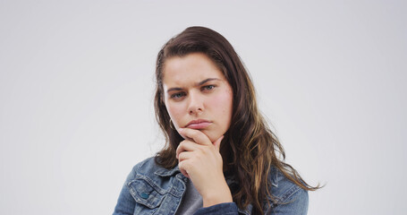 Face, solution and thinking with woman on studio space for brainstorming, planning or problem...
