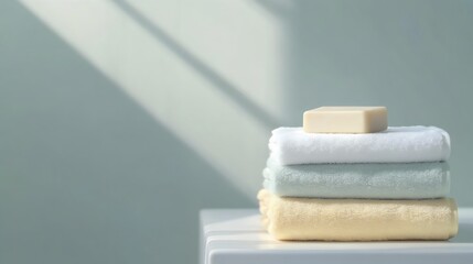 Stack of Fresh Towels with Soap Bar on top
