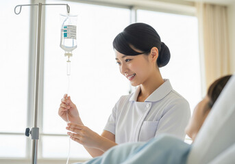 患者に点滴を行なう白衣の日本人女性看護師