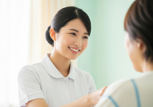 優しい眼差しで患者に寄り添い、白衣姿で微笑む日本人女性看護師