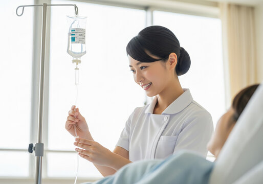患者に点滴を行なう白衣の日本人女性看護師