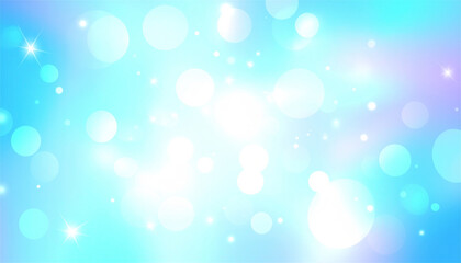 きらめく光が広がるブルーの幻想的グラデーション。プリズムのように輝くボケと光の抽象的な背景イメージ。