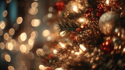 Glowing golden Christmas bokeh lights creating warm festive atmosphere for seasonal holiday background or elegant winter celebration design