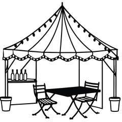 Vector art of an outdoor market tent with tables and chairs