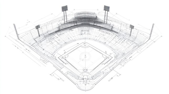 Detailed blueprint of a baseball stadium, showing dimensions and structure