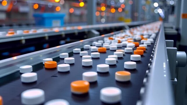 Capsules and tablets are transported on a conveyor belt in a busy pharmaceutical production environment
