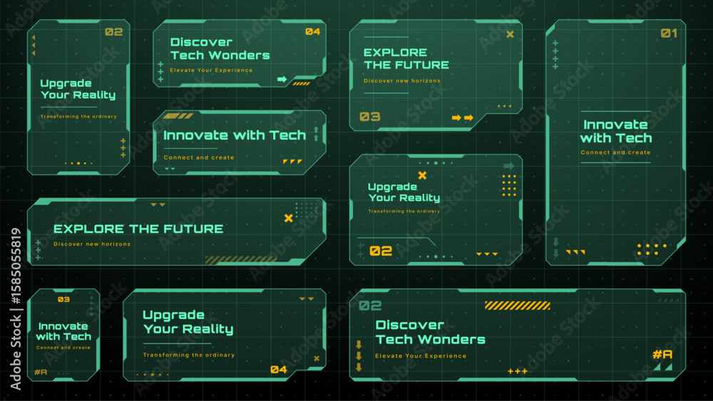 Poster futuristic hud vector graphics with green retro colors. set of abstract geometric shapes and user in