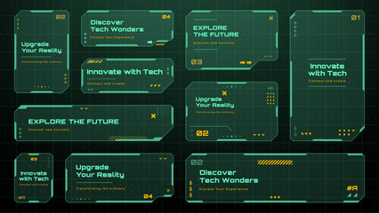 Futuristic hud vector graphics with green retro colors. Set of abstract geometric shapes and user interface elements for technology design.