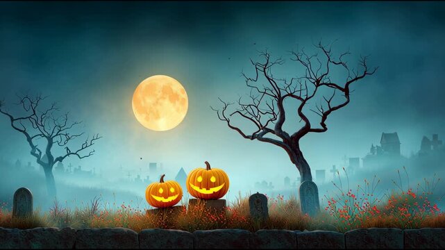 Halloween pumpkin jack o lanterns glowing eerie graveyard full moon twisted bare trees spooky atmosphere mysterious foggy night