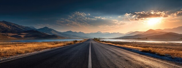 Serene sunset over a long, straight road leading through a vast landscape of mountains and a calm lake, under a dramatic sky