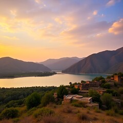 Sunset over lake with mountains and clouds in summer nature scenery