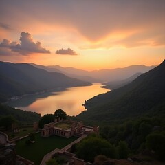 Sunset over a mountain village with colorful sky and misty hills