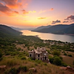 Mountain village with houses on green hills under a summer sky in NorwayMountain village with houses on green hills under a summer sky in Norway