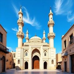 Mosques with domes and minarets in Cairo and Abu Dhabi cityscape