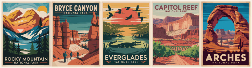 Retro mid-century modern travel posters set featuring iconic US National Parks: Bryce Canyon, Rocky Mountains, Capitol Reef, Everglades, and Arches with bold shapes and vibrant color