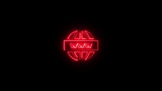 glowing red neon internet web icon animation on black background.WWW internet concept. business