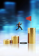 Miniature Businessman jumps into the business pitfall