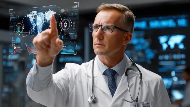 Digital Diagnosis: A focused doctor interacts with a futuristic, interactive medical interface, the scene a blend of advanced technology and human expertise.
