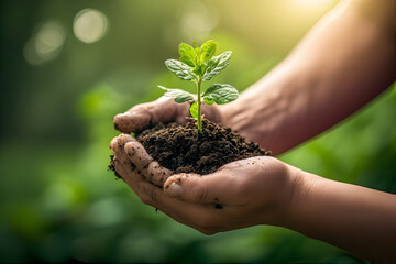 ia generated. hands holding a plant. young plant in hands