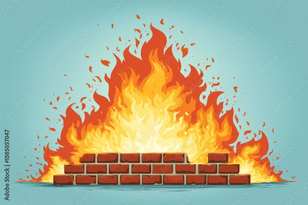 Poster an explosive burst of fire surrounding a solid brick wall igniting emotions of power resilience and 