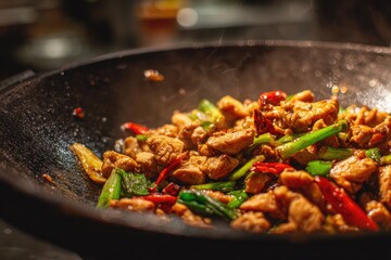 Sizzling chicken stir-fry in a dark wok, seasoned with red chilies and scallions, emitting steam