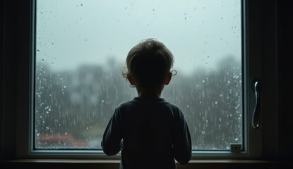 Silhouette of a child stands at a window with rain cascading down the glass, blending indoor warmth with the cold gray world outside.