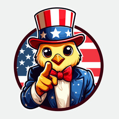 Chicken. Independence Day 4th of July American Flag Cute Cartoon Mascot Clipart Line Art Vector Illustration. Fowl poultry farming avian bird meat cooking recipe ingredient for dinner.