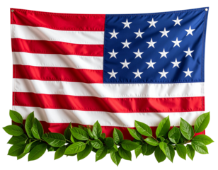  Patriotic Memorial Day background with US flag and leafy greenery, isolated on transparent background PNG