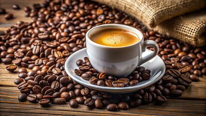 Fototapeta premium A cup of coffee on a saucer surrounded by coffee beans and a burlap sack on a wooden surface