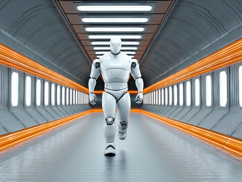 White robot walking in futuristic corridor with orange lights