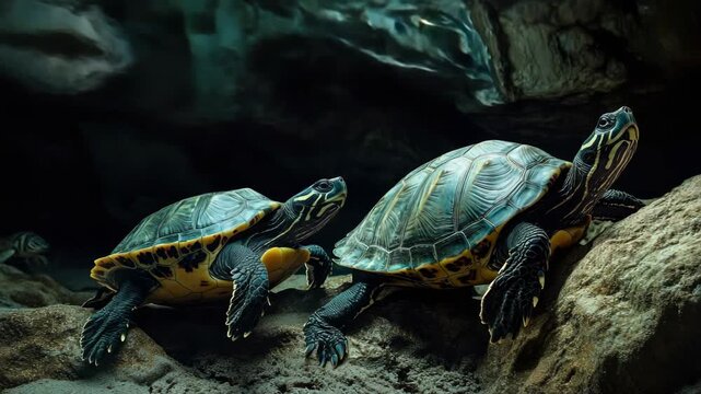 The image depicts two turtles on a rocky surface, possibly in a wetland or marine environment. They have visible shell patterns characteristic of their species.