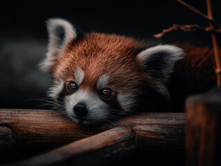 Obraz premium Red panda resting its head on a wooden branch