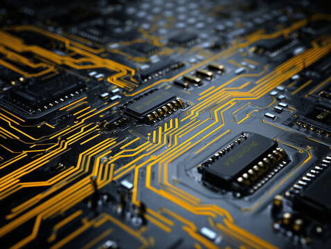 Electronic circuit board showing data processing with integrated circuits - Powered by Adobe