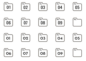 Number Icon Set from 1 to 9 in Folder Tab Style, Minimalist Outline Design
