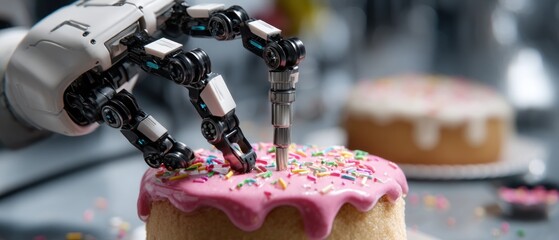 A robotic arm delicately decorates a pink frosted cake with colorful sprinkles, showcasing precision and a touch of whimsy in a futuristic baking scene.