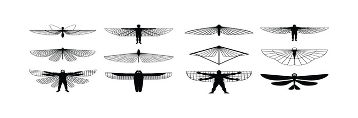 Black silhouettes of human figures with intricate wing designs wings pattern