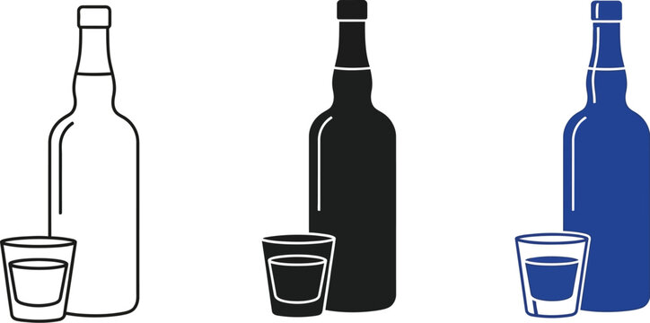 Three liquor bottle illustrations, outlined, black and blue, presented with shot glasses, ideal for bar menus or promotional graphics.