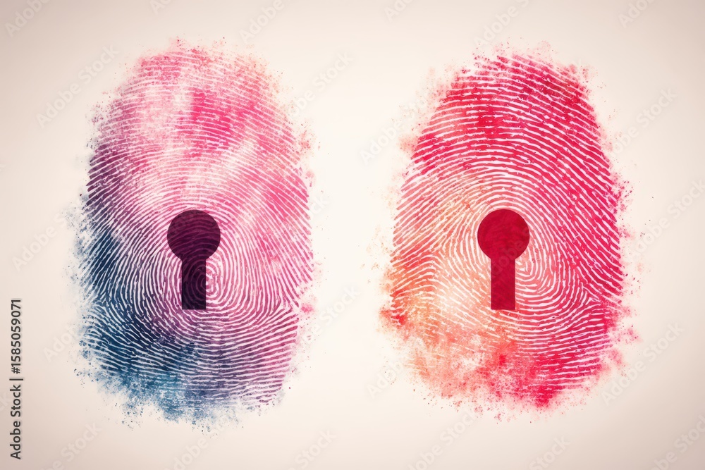 Poster abstract representation of dual fingerprint locks symbolizing digital security and identity protecti