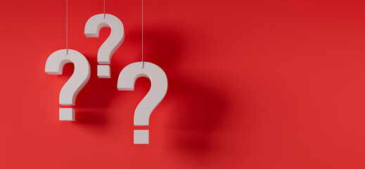 Fototapeta na wymiar Three hanging white question marks in front of a red wall with copy space - 3D illustration