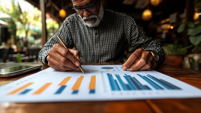 Business, finance and investment, data analysis, marketing plan and strategy: Businessman analyzing financial graph and stock market report, graph growth chart, global business.