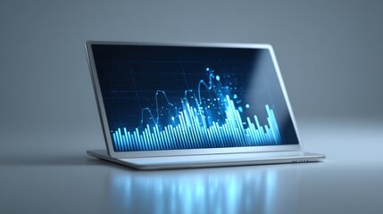 Laptop screen displays a vibrant blue financial chart with rising bars and lines, ideal for illustrating business analytics, stock market trends, and technological advancements.