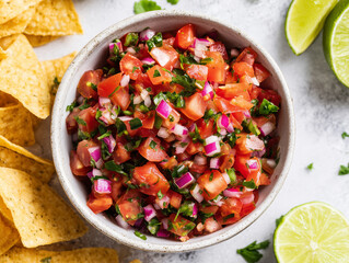 Bowl of pico de gallo salsa with tortilla chips and lime wedges