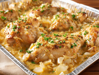 Smothered chicken thighs baking in a creamy onion and garlic sauce