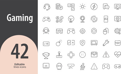 Gaming Line Icons, Game Controller, VR Headset, Console, Joystick, Trophy, Editable Formats: AI, EPS, PNG, Ideal for Both UI and Print Media Use
