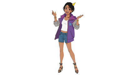 Animated illustration of a cheerful young woman in a party outfit, smiling and raising her hands in celebration.