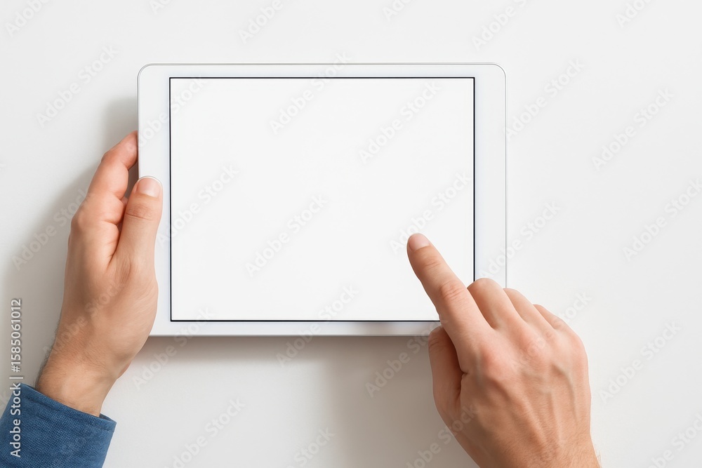 Poster hands interacting with a blank tablet screen on a white surface for digital communication and techno