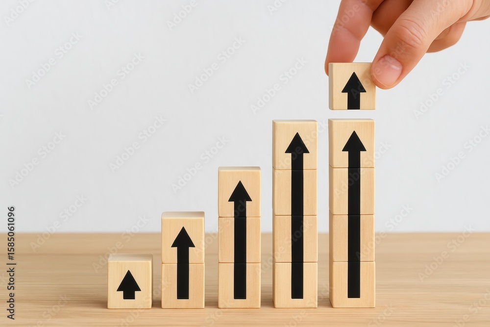 Poster hand placing block on growth chart with arrow symbols to represent increasing business success and d