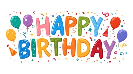 A colorful happy birthday message with balloons and confetti isolated on a white background celebration graphic