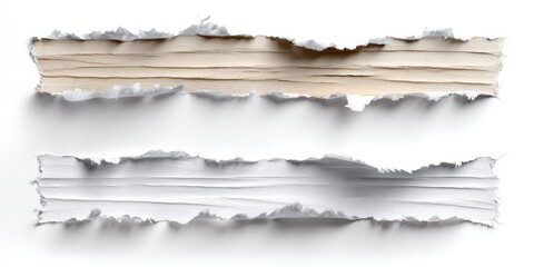 Two horizontally-oriented torn paper strips, one light beige and one white, with ragged edges against a white backdrop